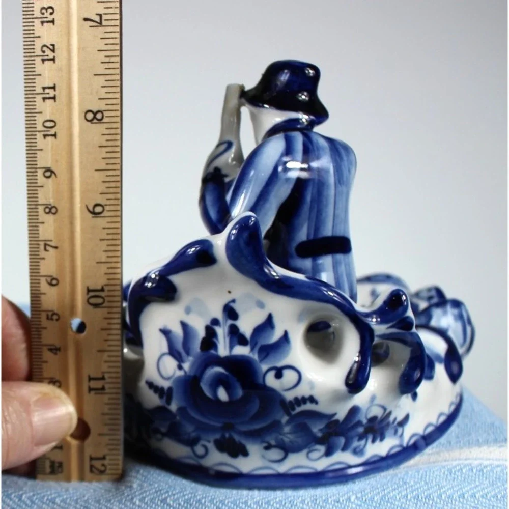 Gzhel Caviar Dish Fisherman Fish Boat Cat Waves Blue/White Porcelain Signed VTG